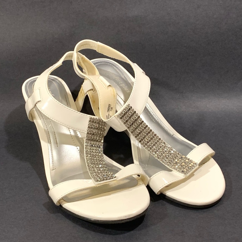 Comfort Plus Predictions White Rhinestone T-Strap Sandal Wedges